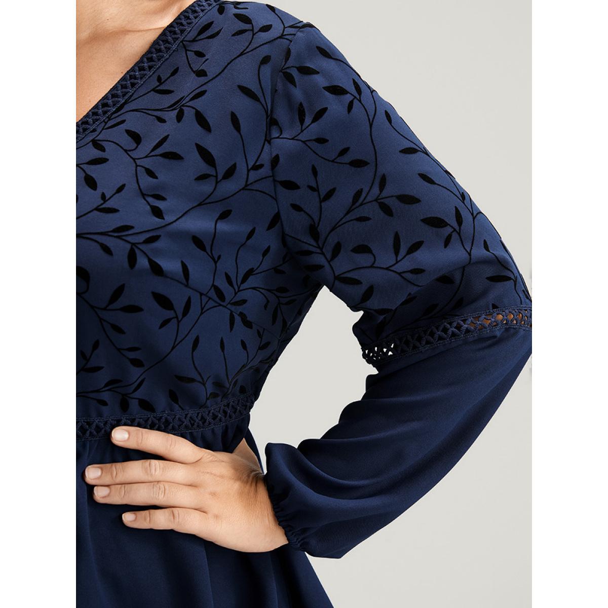 Plus Size DarkBlue Plants Lantern Sleeve Lace Insert Blouse Women Glamour Long Sleeve V-neck Going out Blouses BloomChic 10/M Product Image