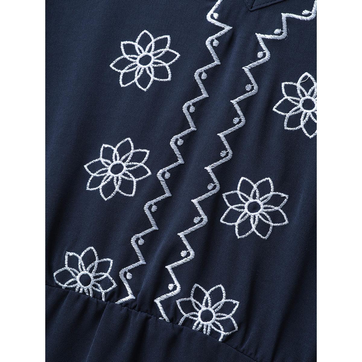 Plus Size Indigo Boho Embroidery Babydoll Top Women Short sleeve V-neck Vacation Blouses BloomChic 14-16/1X Product Image