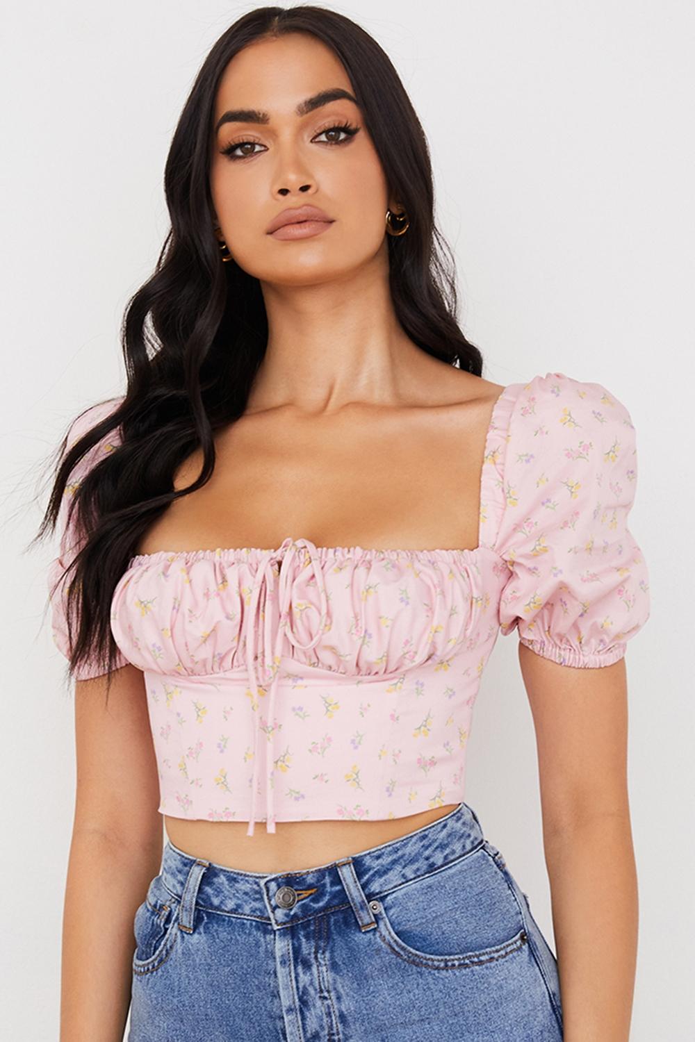Arianna  pink floral puff sleeve corset Product Image