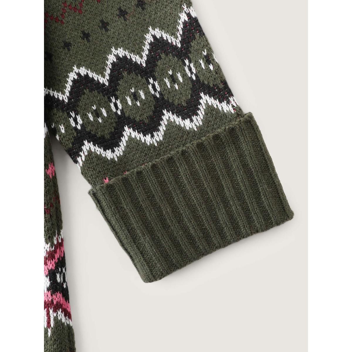 Plus Size Geometric Pattern Pockets Open-Front Cardigan ArmyGreen Women Playful Loose Long Sleeve Casual Cardigans BloomChic 22-24/3X Product Image