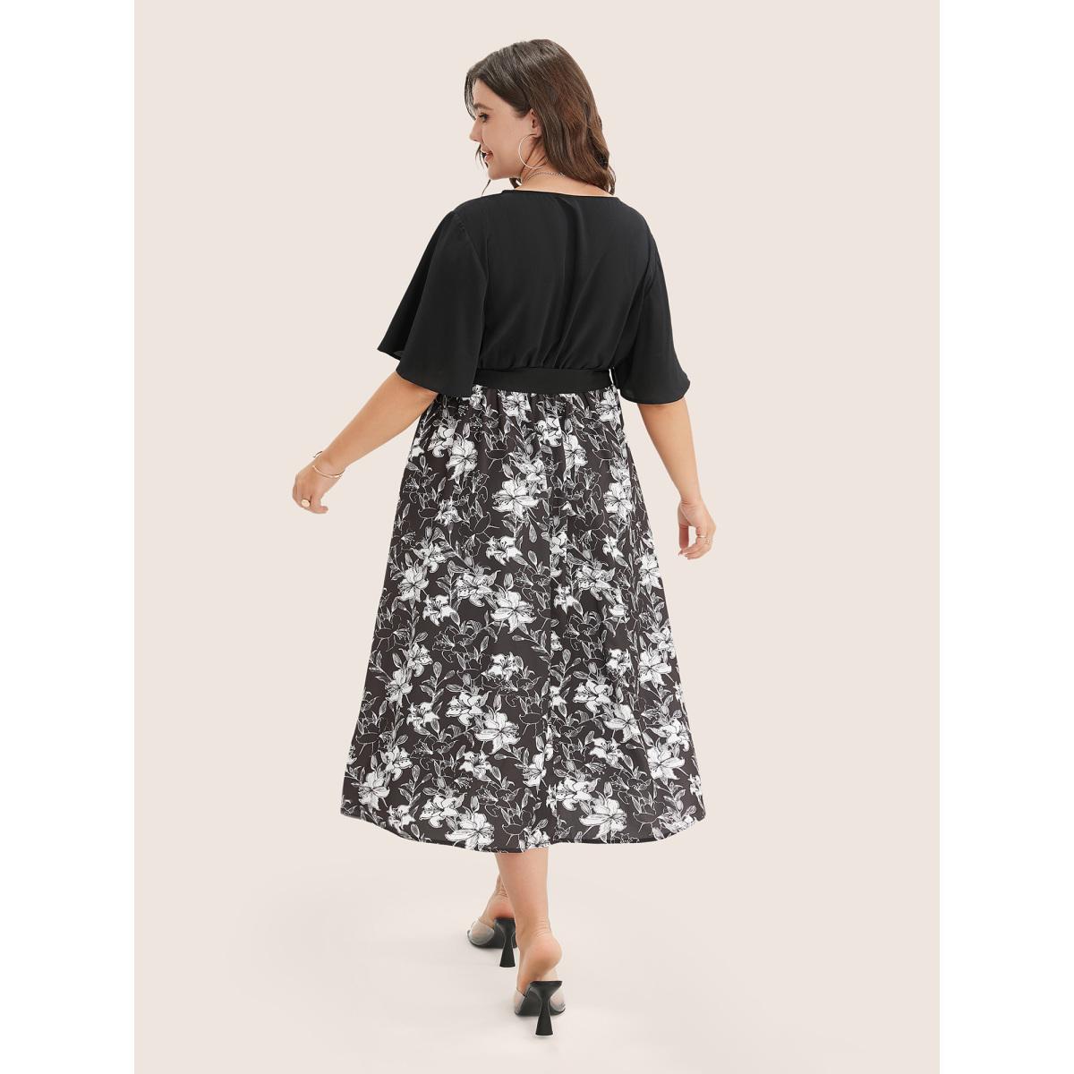 Plus Size Floral Patchwork Pocket Belt Surplice Neck Ruffle Hem Dress Black Women Timeless Patchwork V-neck Short sleeve Curvy Midi Dress BloomChic 12/L Product Image