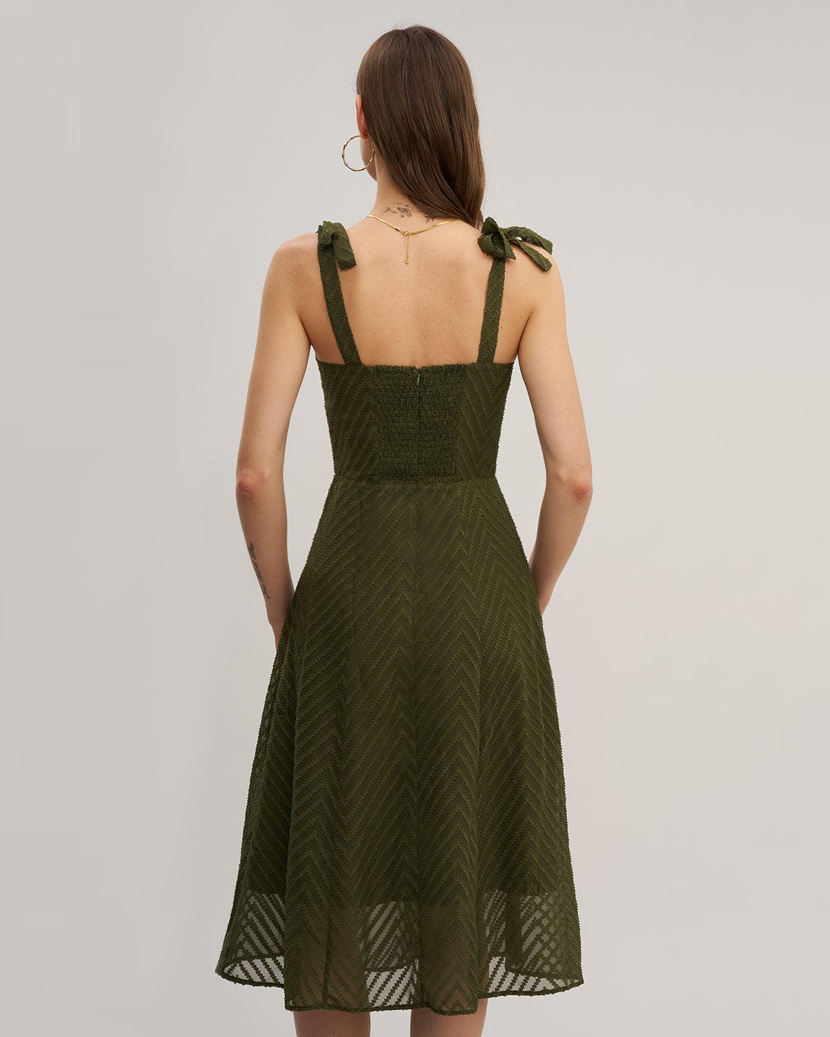 Green Sweetheart Neck Tie Strap Midi Dress Product Image