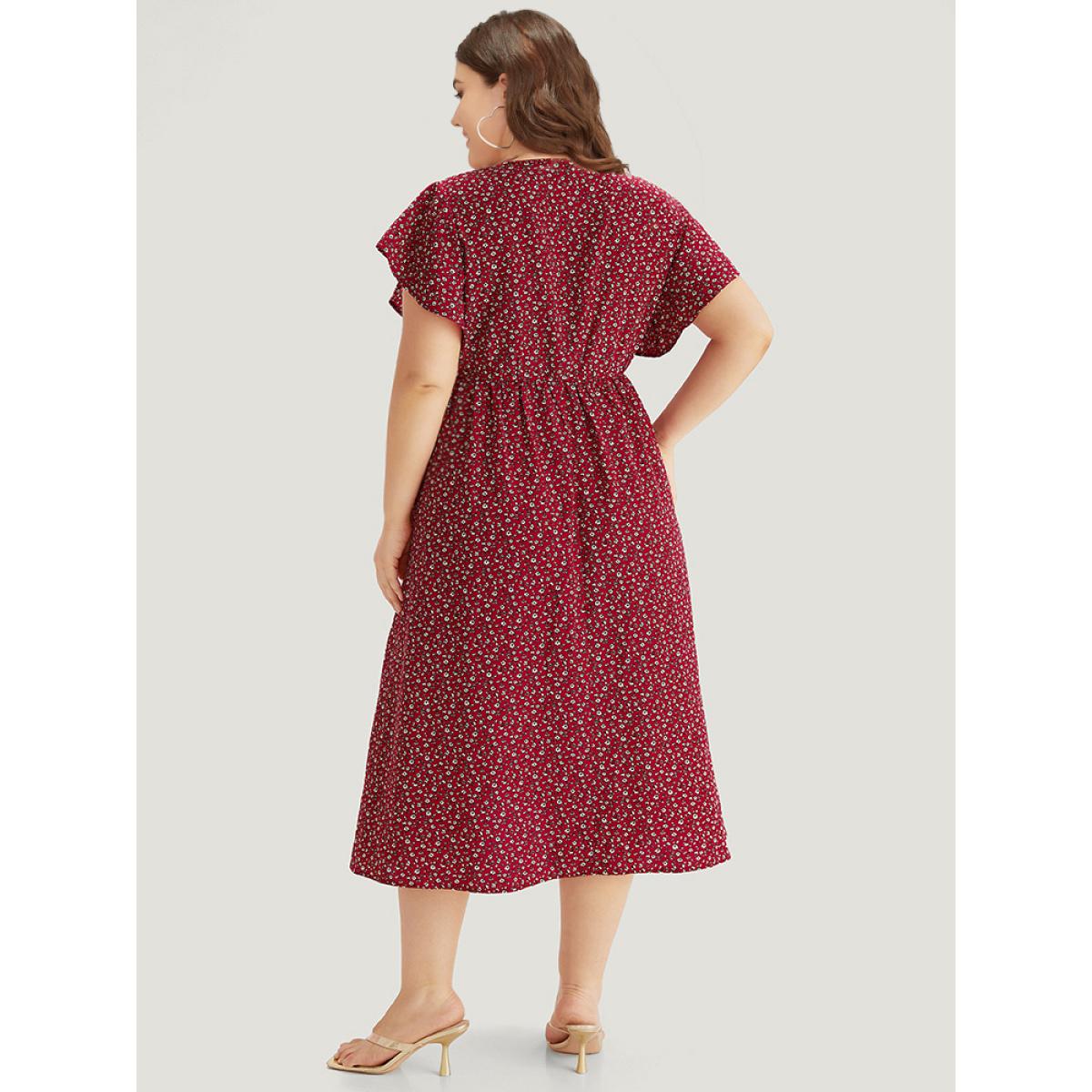 Plus Size Ditsy Floral Overlap Collar Bowknot Flutter Hem Dress Crimson Women Office Wrap V-neck Short sleeve Curvy Midi Dress BloomChic 28/5X Product Image