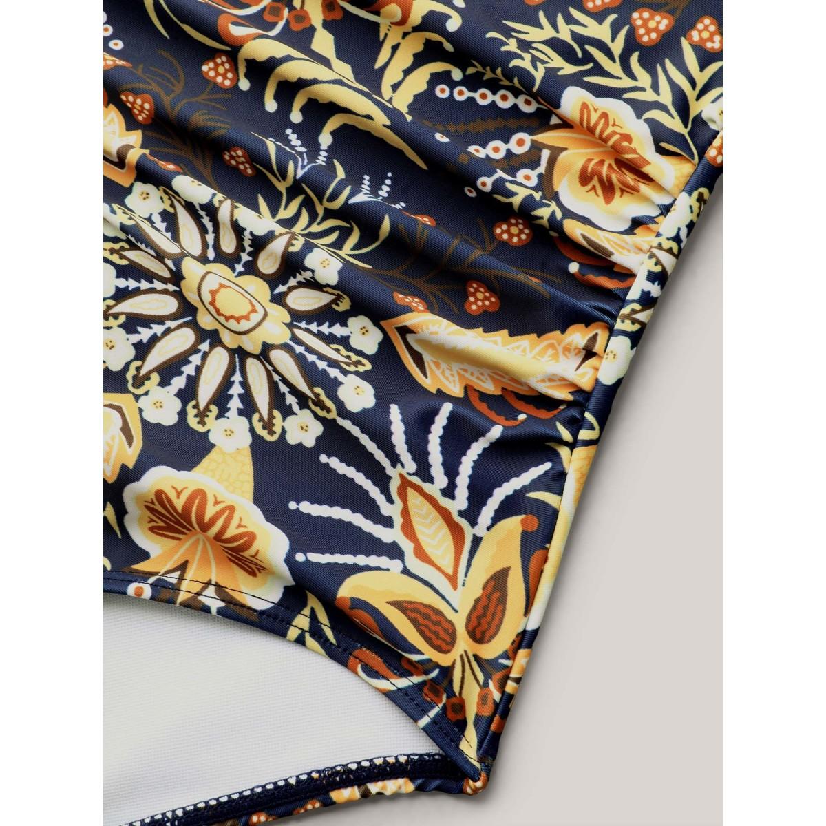 Plus Size Boho Print Adjustable Tie One-Piece Swimsuit Women's Swimwear Indigo Resort Gathered Curve Bathing Suits High stretch One Pieces BloomChic 26/4X Product Image