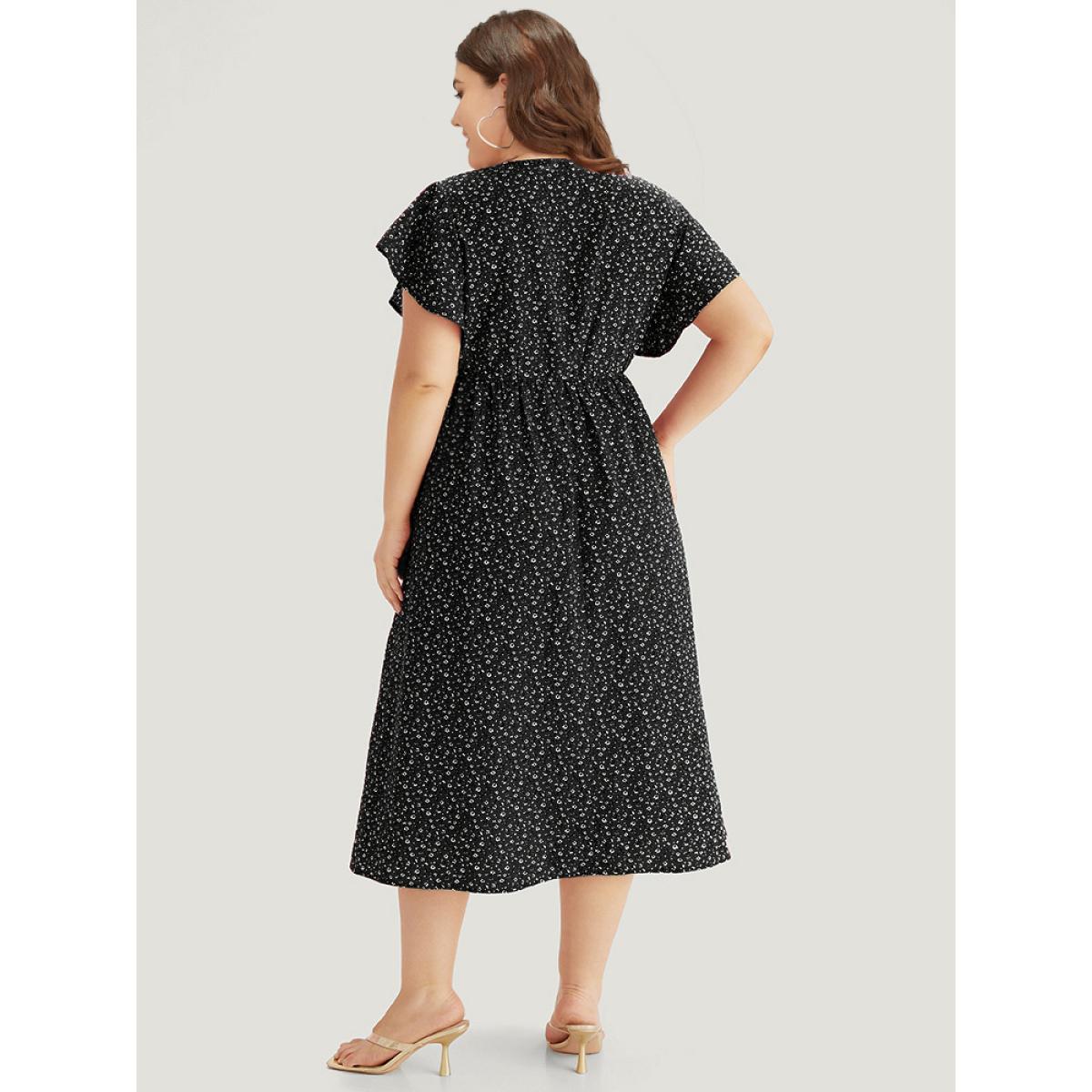 Plus Size Ditsy Floral Overlap Collar Bowknot Flutter Hem Dress Black Women Office Wrap V-neck Short sleeve Curvy Midi Dress BloomChic 28/5X Product Image