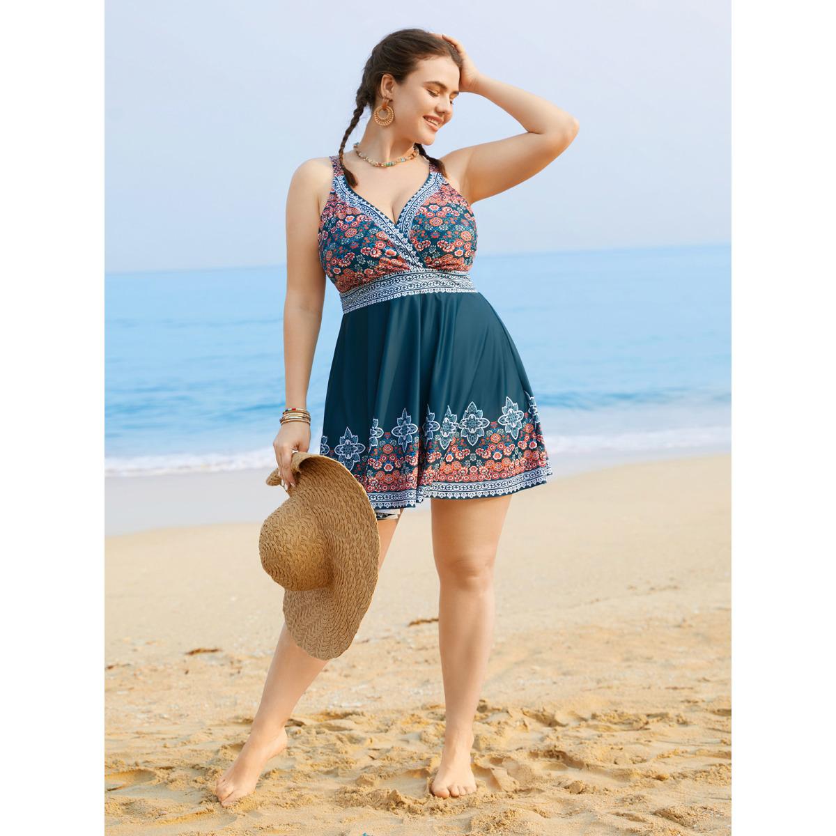 Plus Size Boho Print Surplice Neck Adjustable Swim Dress Women's Swimwear Cyan Beach Bodycon Overlap Collar High stretch Curve Swim Dresses BloomChic 28/5X Product Image