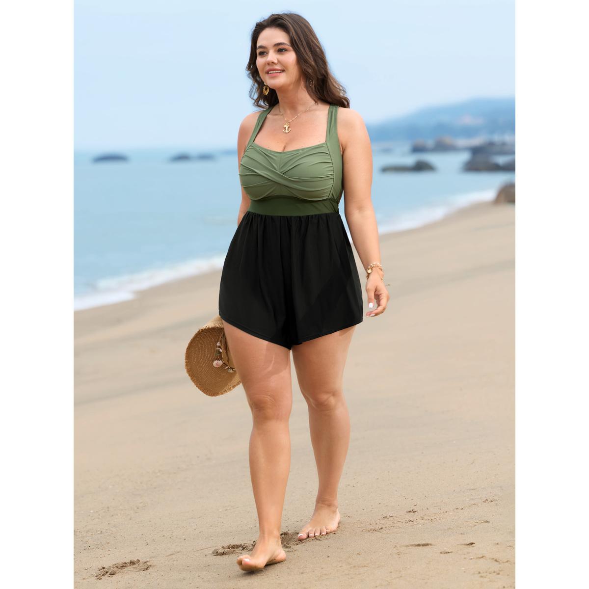 Plus Size Patchwork Contrast Crossover One Piece Swimsuit Women's Swimwear ArmyGreen Resort Twist Curve Bathing Suits High stretch One Pieces BloomChic 22-24/3X Product Image