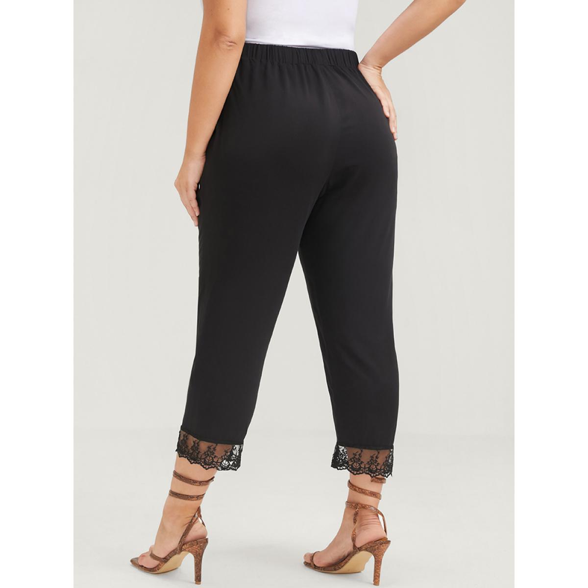 Plus Size Solid Lace Mesh Hem Pocket Elastic Waist Pants Women Black Elegant Loose High Rise Dailywear Pants BloomChic 10/M Product Image