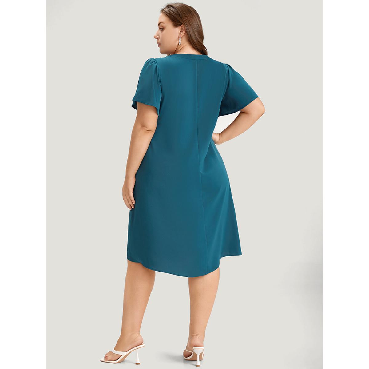 Plus Size Solid Pleated Front Button Detail Notched Ruffle Sleeve Dress Aegean Women Elegant Pleated Notched collar Short sleeve Curvy Knee Dress BloomChic 22-24/3X Product Image
