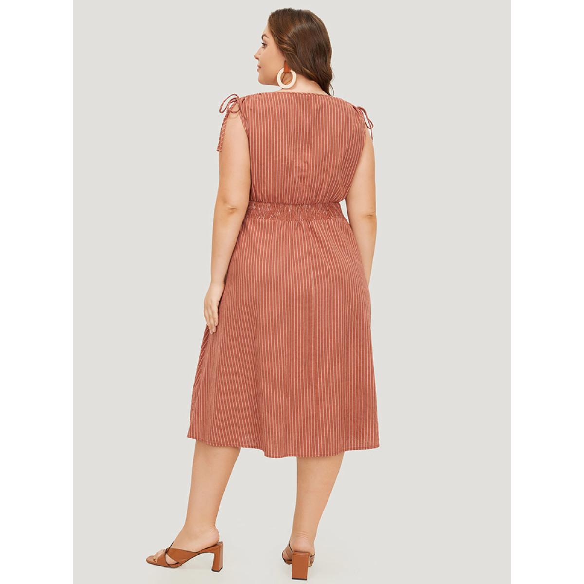 Plus Size Striped Print Pocket Shirred Drawstring Shoulder Dress Rust Women Vacation Contrast V-neck Sleeveless Curvy Midi Dress BloomChic 12/L Product Image