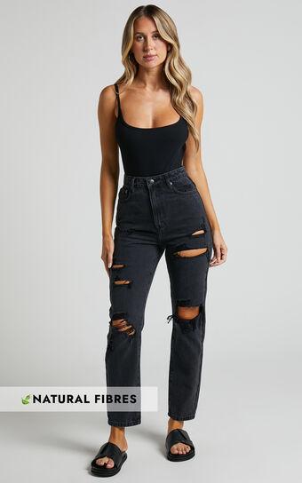 Billie Jeans - High Waisted Cotton Distressed Mom Denim Jeans in Black Wash Product Image