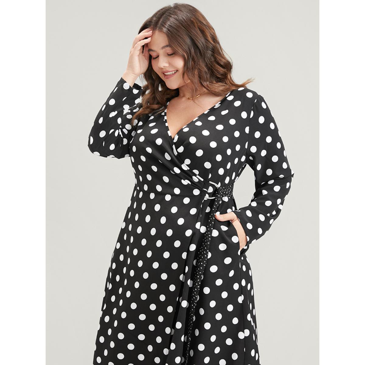 Plus Size Polka Dot Surplice Neck Tie Side Pocket Ruffle Hem Dress Black Women Elegant Wrap V-neck Long Sleeve Curvy Midi Dress BloomChic 12/L Product Image