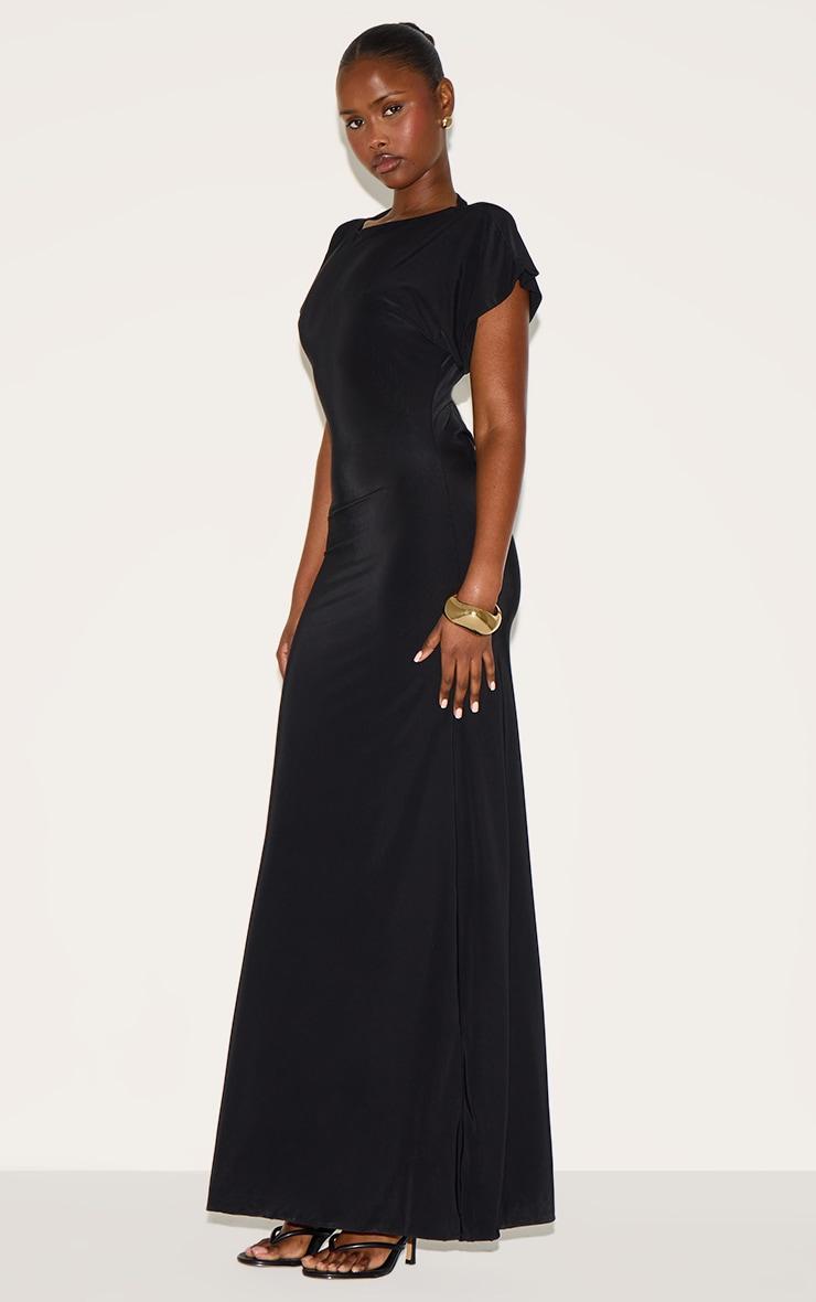 Black Double Layered Slinky Ruched Short Sleeve Maxi Dress Product Image
