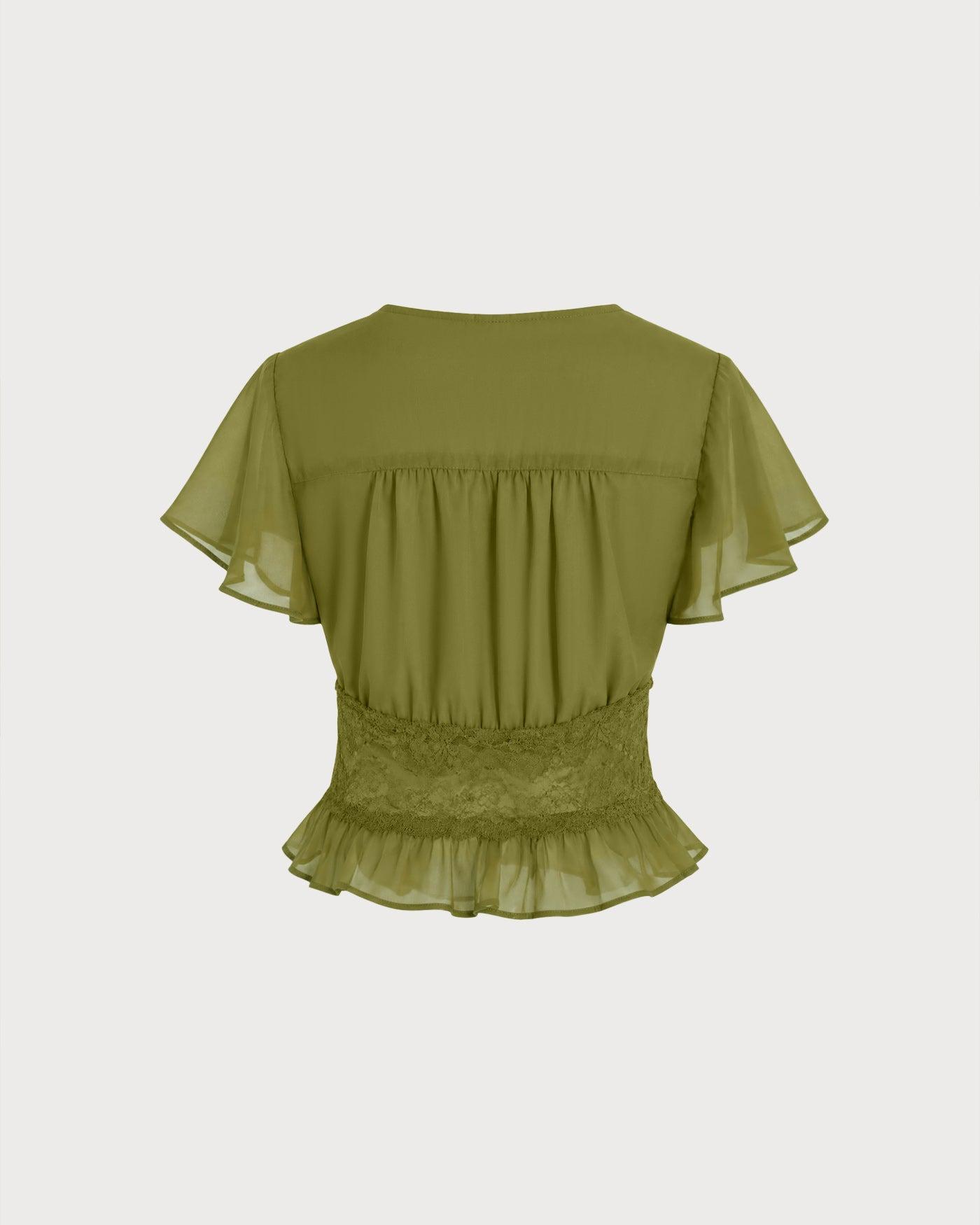 Green V Neck Ruched Blouse Product Image