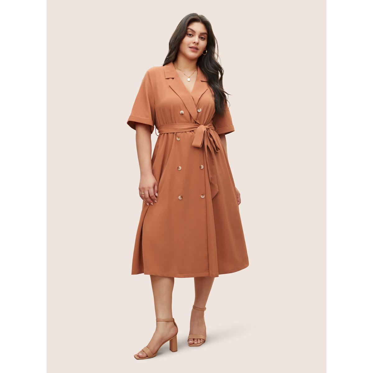 Plus Size Suit Collar Solid Belted Button Up Dress Rust Women At the Office Non Suit Collar Short sleeve Curvy Midi Dress BloomChic 28/5X Product Image