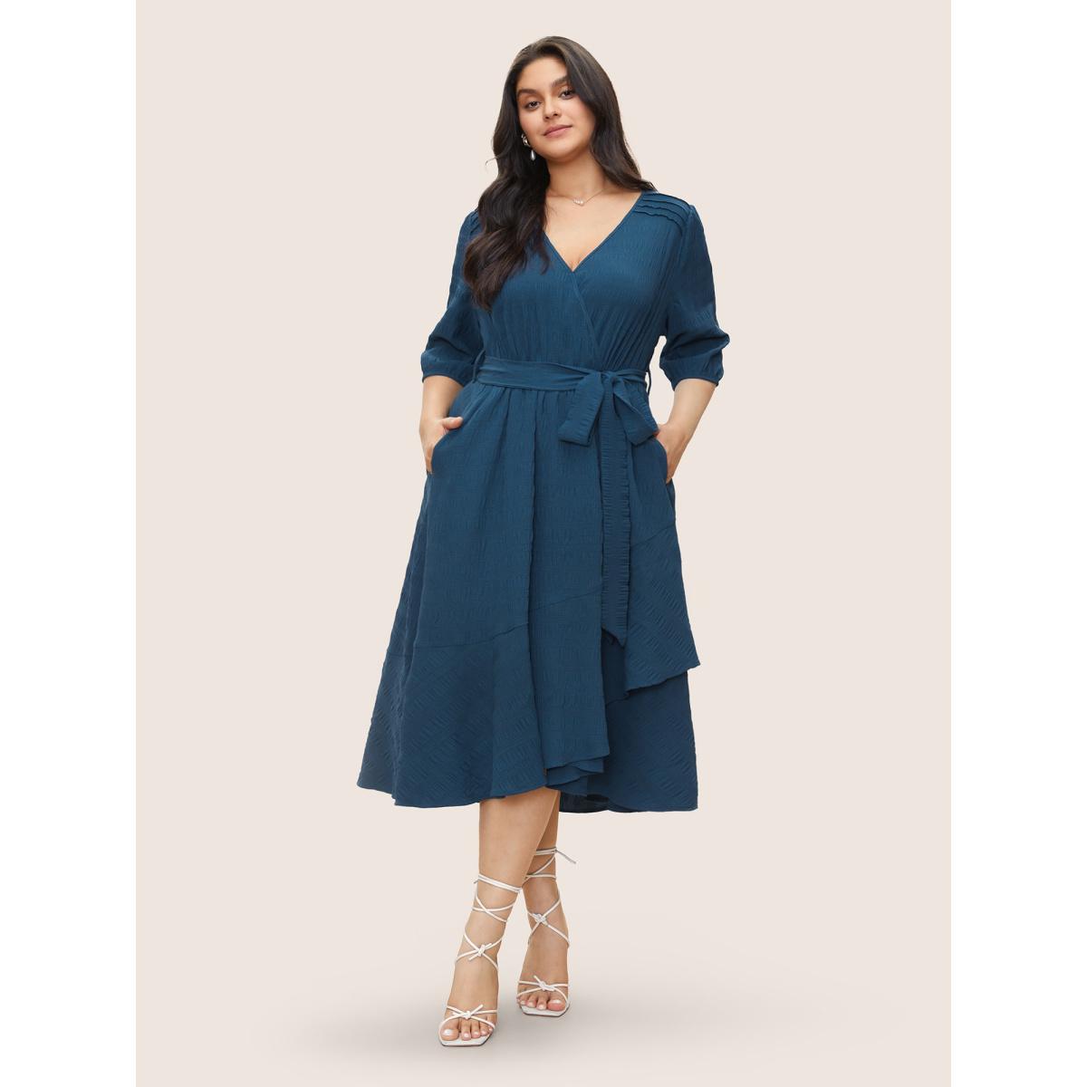 Plus Size Plisse Overlap Collar Belted Pleated Detail Dress Aegean Women At the Office Non Overlap Collar Elbow-length sleeve Curvy Midi Dress BloomChic 10/M Product Image