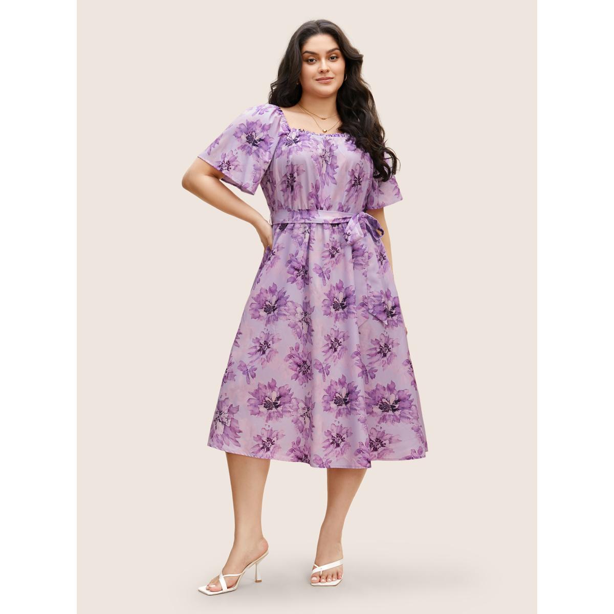 Plus Size Floral Print Square Neck Frill Trim Midi Dress Lavender Women Elegant Frill Trim Square Neck Short sleeve Curvy BloomChic 14-16/1X Product Image