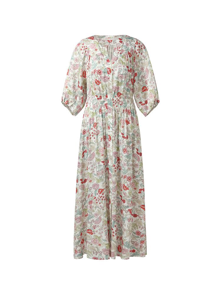 19 Momme Mulberry Silk Floral Print Ruched Waist Women Maxi Dress Product Image