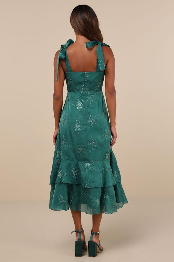 Elegant Direction Green Embroidered Ruffled Tie-Strap Midi Dress Product Image