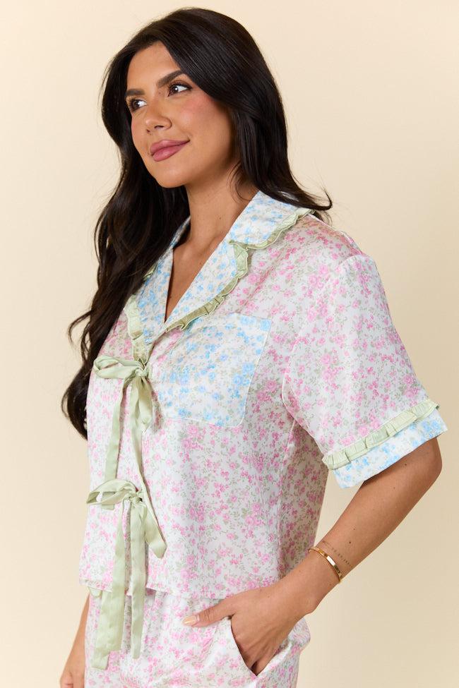 Dreamy Days Mixed Floral Short Sleeve Satin Pajama Top FINAL SALE Product Image