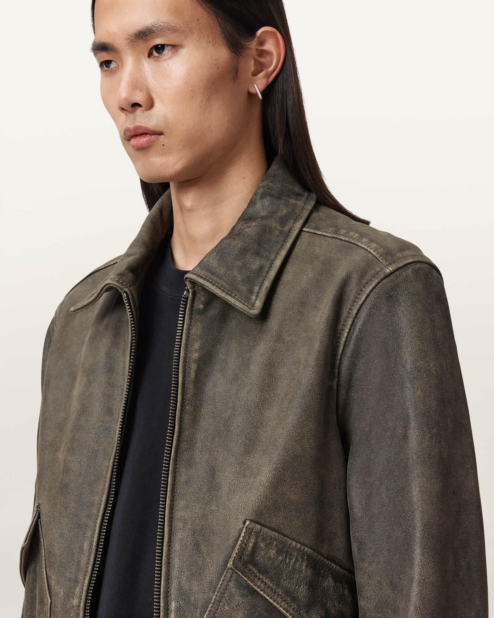 Marland Aviator Leather Jacket BLACK BEIGE | ALLSAINTS US Product Image