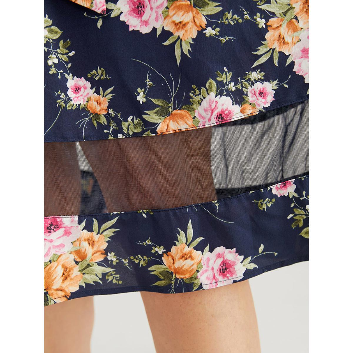 Plus Size Floral Pocket Belted Mesh Insert Flutter Hem Tank Dress Multicolor Women Elegant Belted Round Neck Sleeveless Curvy Knee Dress BloomChic 28/5X Product Image