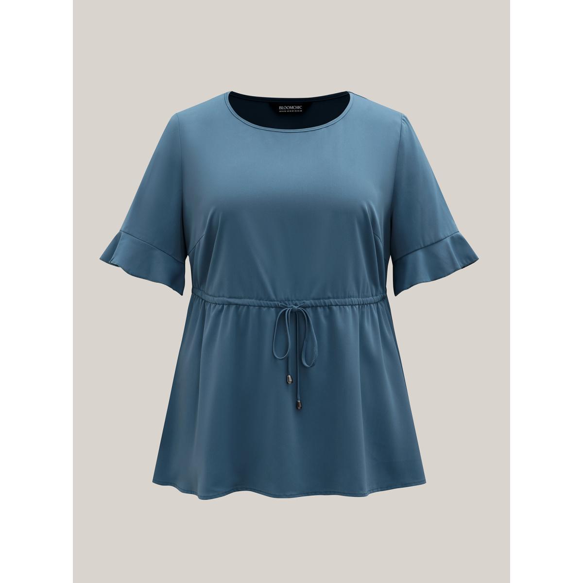 Plus Size Cerulean Ruffled Edge Sleeve Waist-Tie Shirt Women Casual Half Sleeve Round Neck Everyday Blouses BloomChic 28/5X Product Image