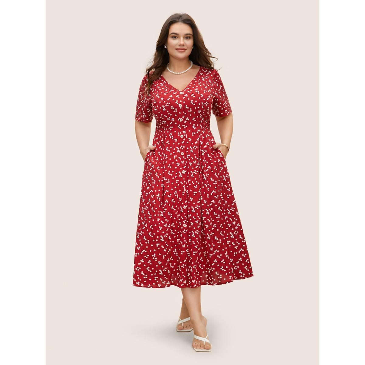Plus Size Ditsy Floral Button Detail Elastic Waist Midi Dress Crimson Women Timeless Gathered V-neck Short sleeve Curvy BloomChic 22-24/3X Product Image
