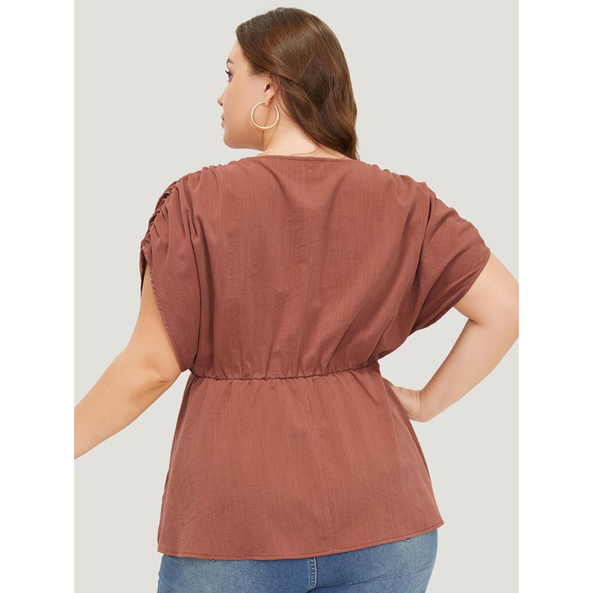Plus Size Rust Plain Ruched Shoulder Wrap Blouse Women Elegant Short sleeve V-neck Dailywear Blouses BloomChic 12/L Product Image