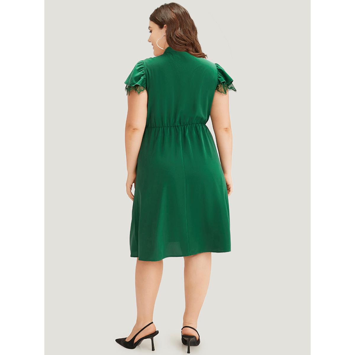 Plus Size Solid Knot Neck Pocket Eyelet Lace Dress Green Women Office Plain Tie Neck Sleeveless Curvy Midi Dress BloomChic 22-24/3X Product Image