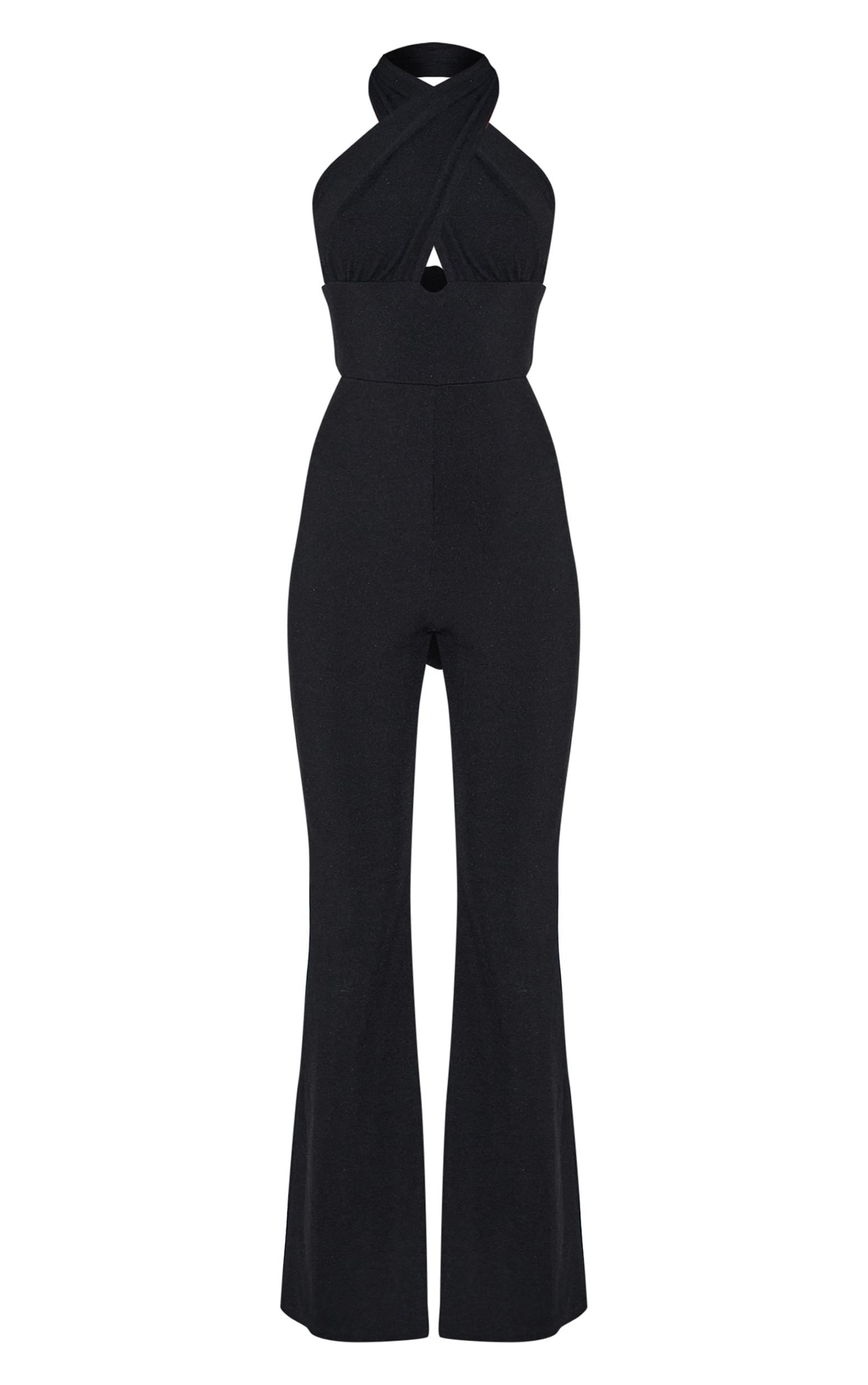Black Cross Neck Tie Back Rib Jumpsuit Product Image