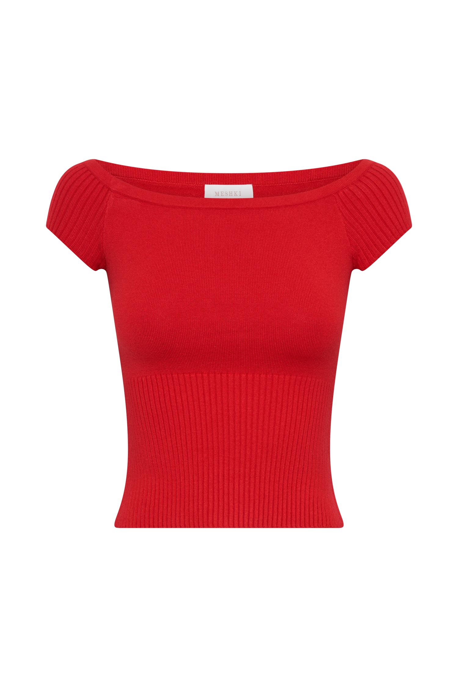Mathilde Ribbed Knit Off Shoulder Top - Ruby Product Image
