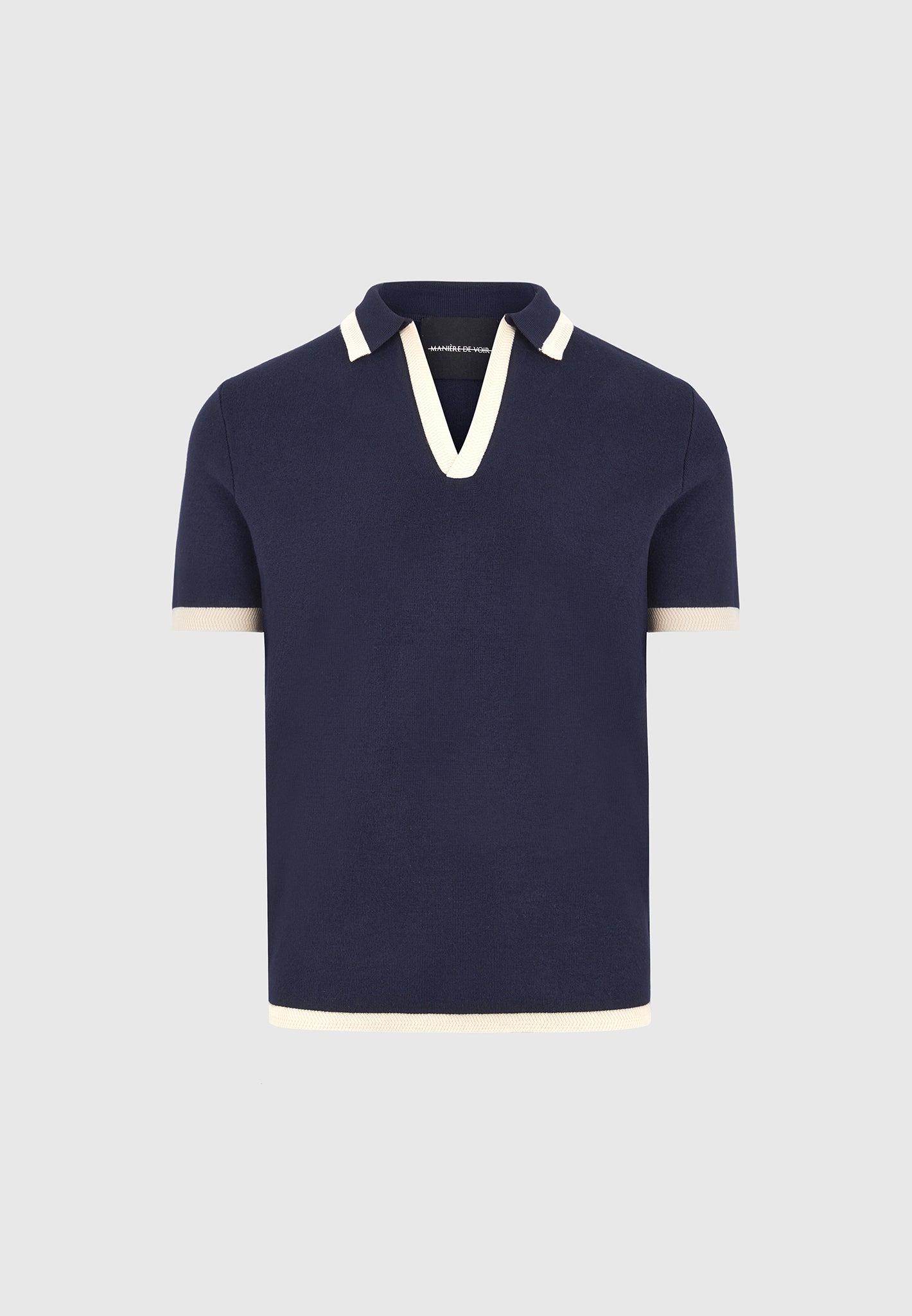 Lambert - Contrast Detail Knit Polo Shirt - Navy Male Product Image