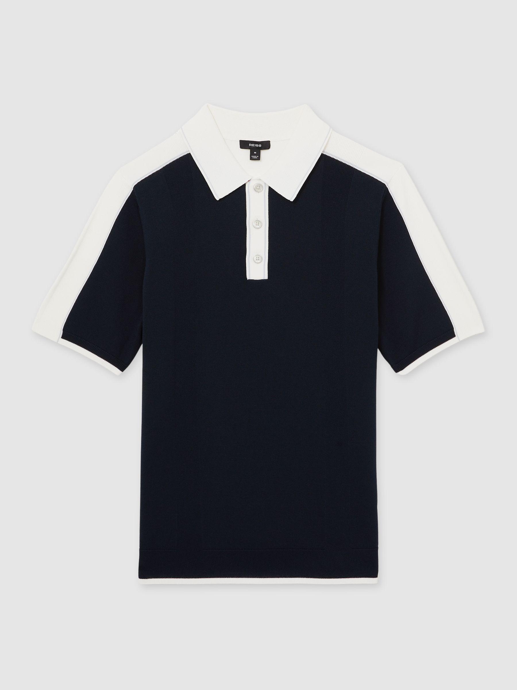 Colour-Block Knit Polo Shirt in Navy/White Product Image
