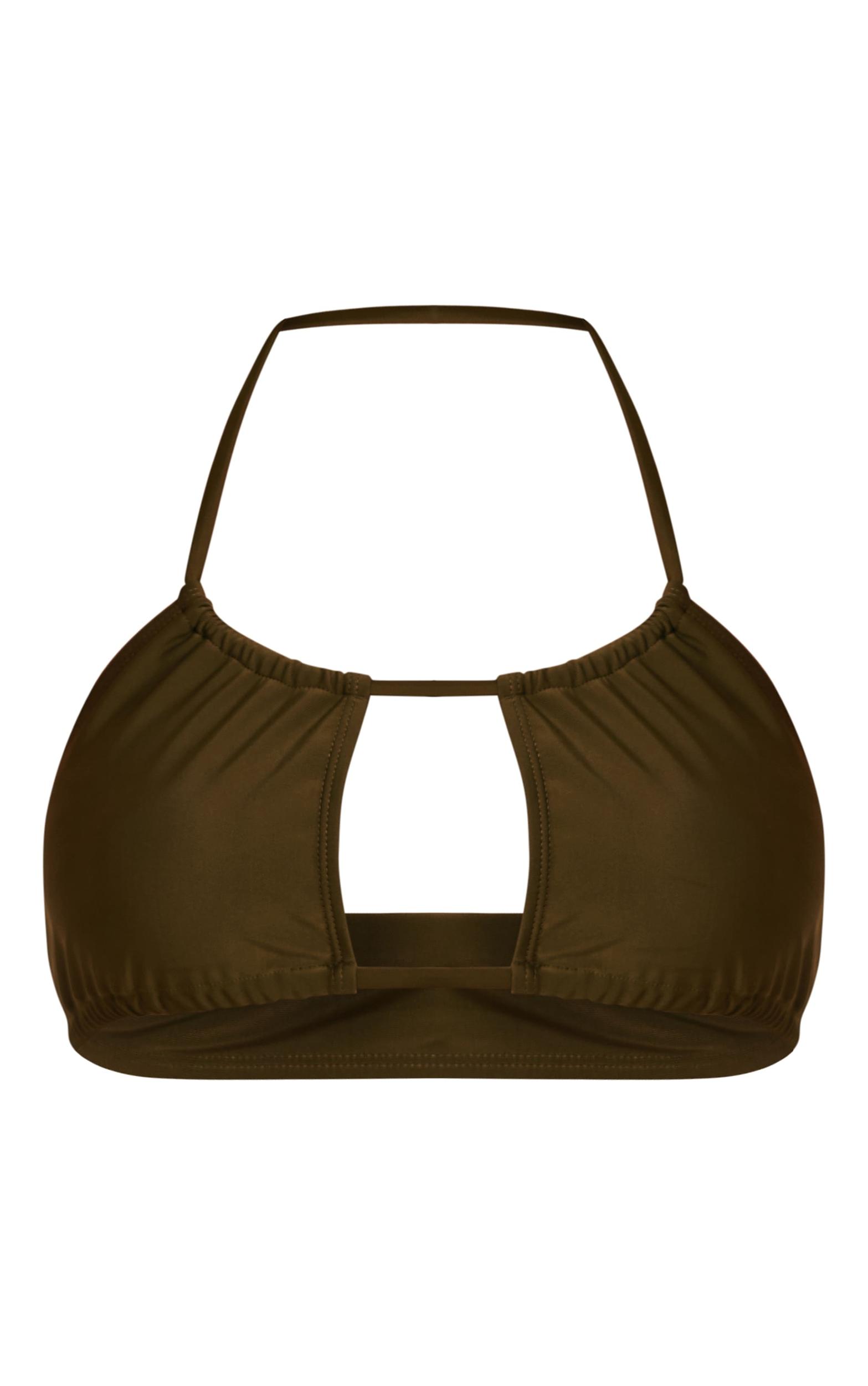 Khaki Ruched Halter Neck Bikini Top Product Image