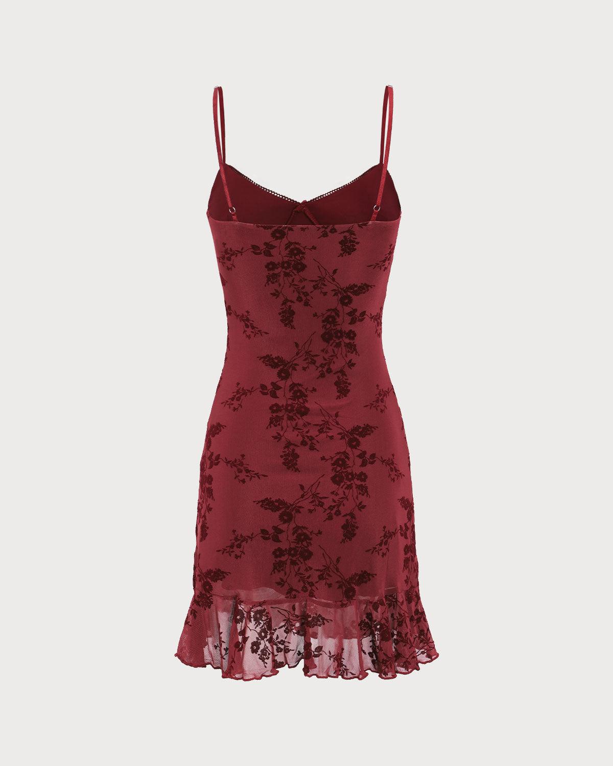 Red Floral Mesh Slip Mini Dress Product Image