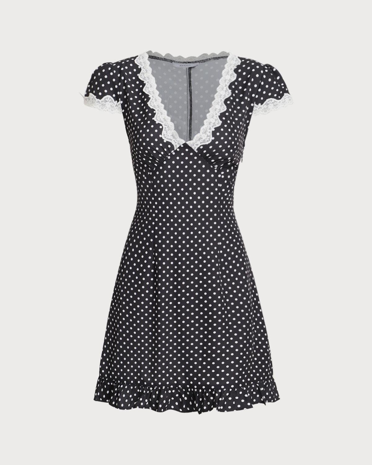Black Polka Dot V-Neck Mini Dress Product Image