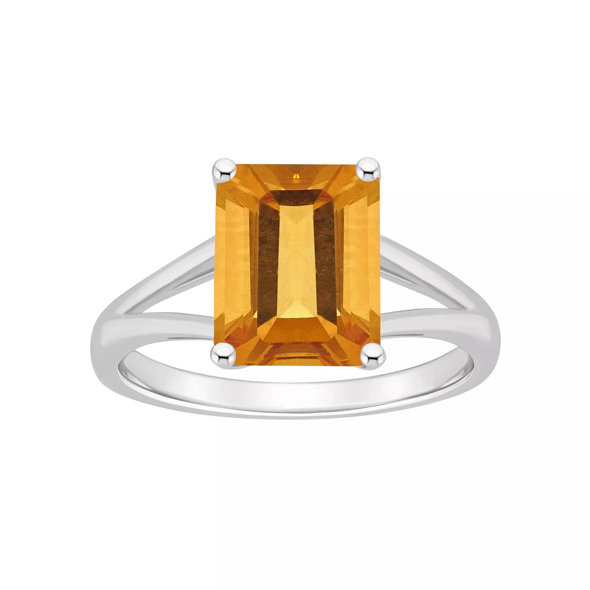 Alyson Layne Sterling Silver 10 mm x 8 mm Emerald Cut Gemstone Split Shank Solitaire Ring, Women's, Citrine Product Image
