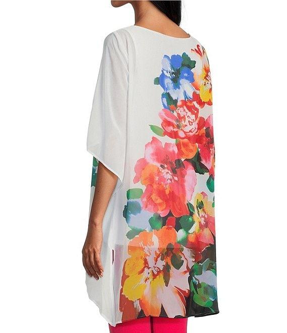 Slim Factor by Investments Multi Fragrant Floral Print Boat Neck 3/4 Sleeve Lined Tunic Product Image