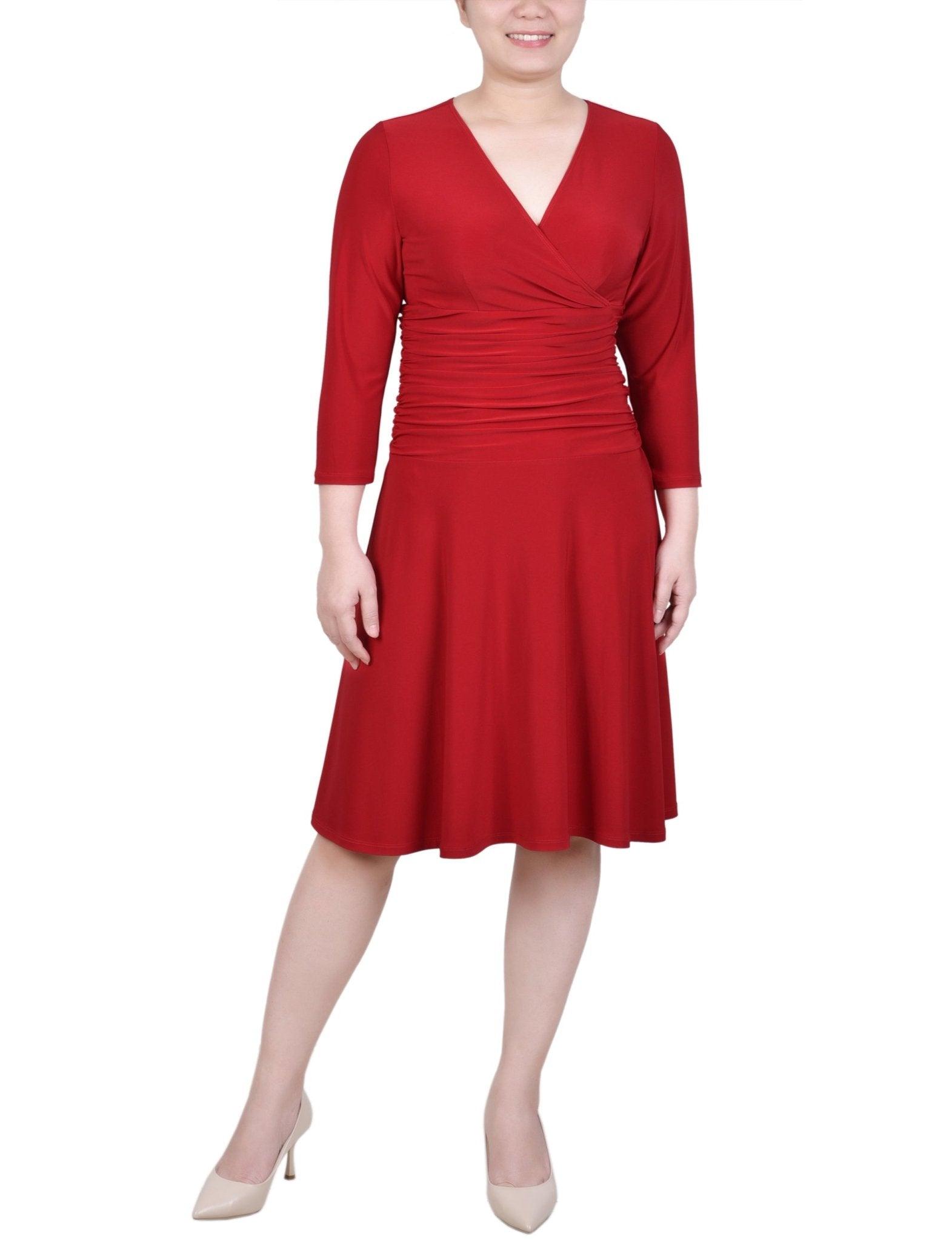 Cherry Red 3/4 Sleeve Rouched-Waist Dress - Petite Product Image