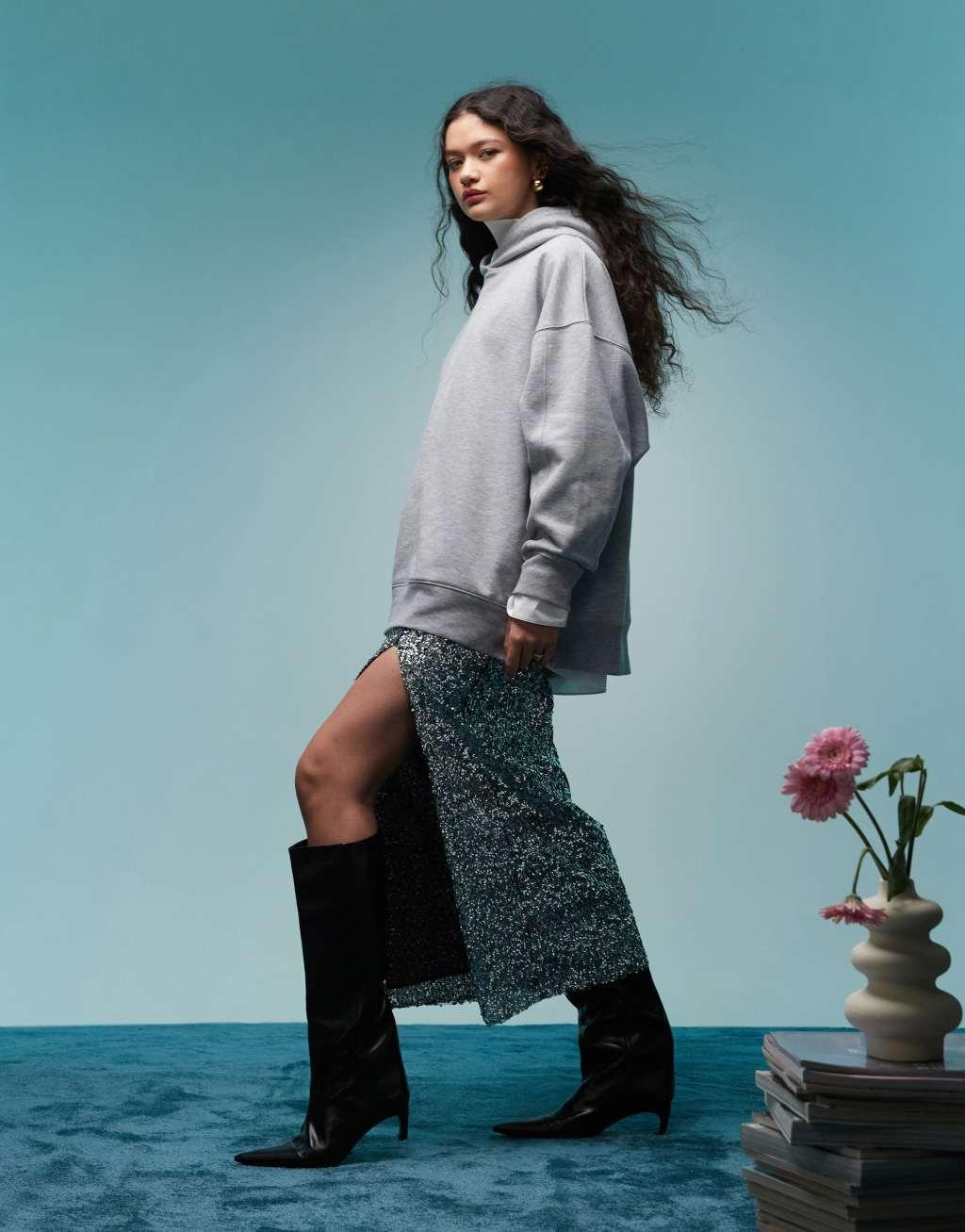 BIMBA Y LOLA split midaxi skirt in silver sequin Product Image