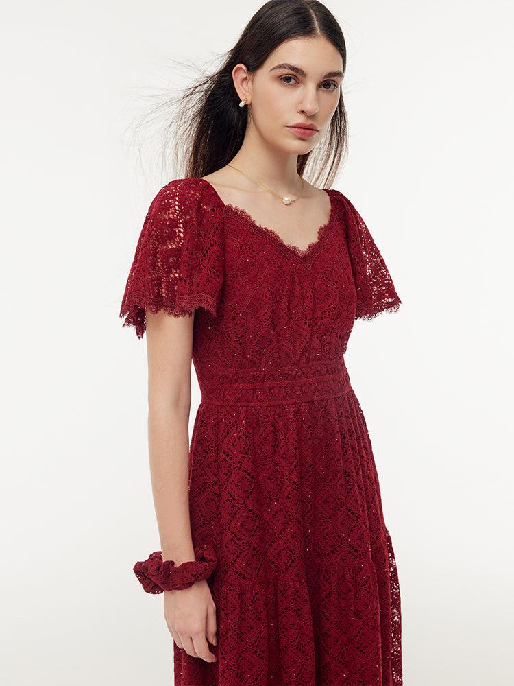 Lace Openwork Gathered Waist Women Tiered Maxi Dress With Scrunchie Product Image