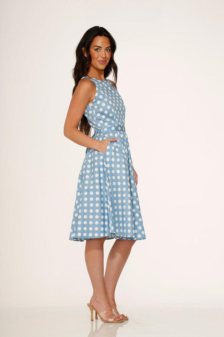 Light Blue & White Polka Dot Swing Dress Product Image