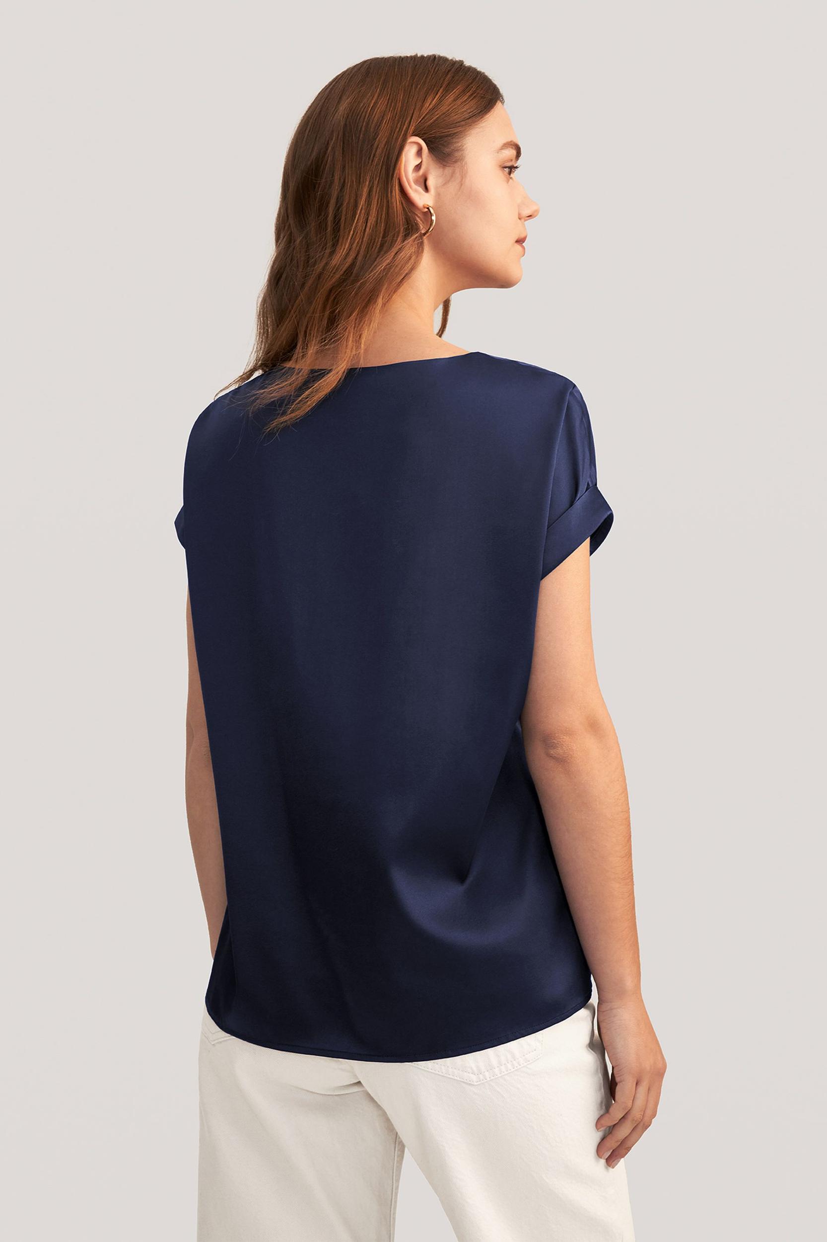 LILYSILK Women Silk Tee Shirts Black Quality Stretchy Silk Soft Classic Round Neck Rolled Cuffs Silk Top XS Product Image