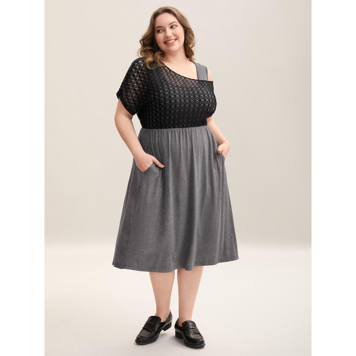 Plus Size Plain Weave One-Shoulder Knit Midi Dress DarkGray Women Casual Texture Asymmetrical Neck Short sleeve Curvy BloomChic 22-24/3X Product Image