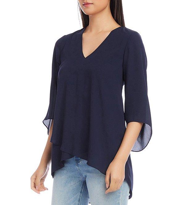 Karen Kane V-Neck 3/4 Sleeve Crossover Hem Silky Crepe Top Product Image