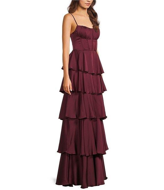 B. Darlin Satin Spaghetti Strap Emma Ruffle Skirt Dress Product Image