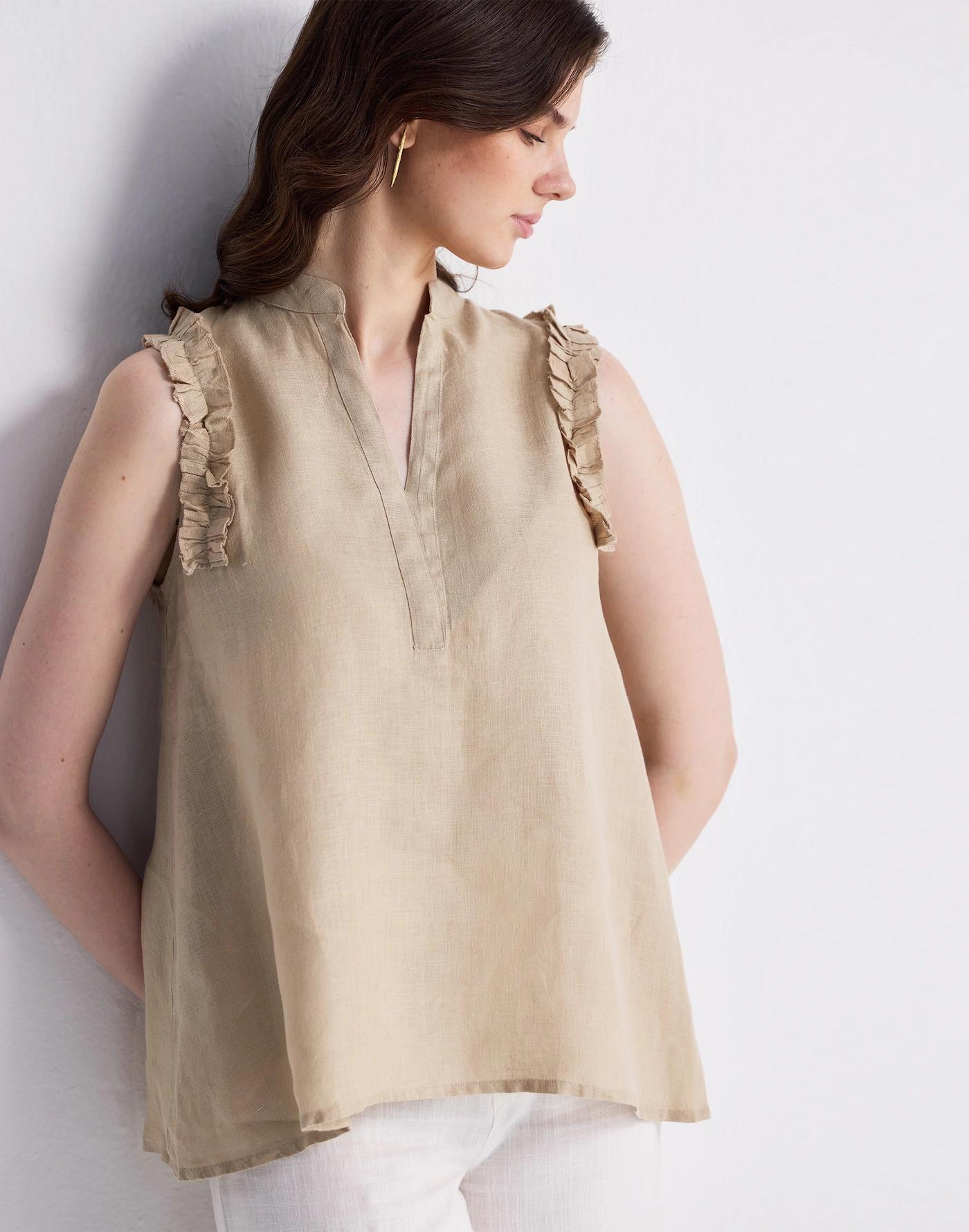 Reistor® Sleeveless 100% Hemp Top with Ruffles in Neutral Beige Product Image