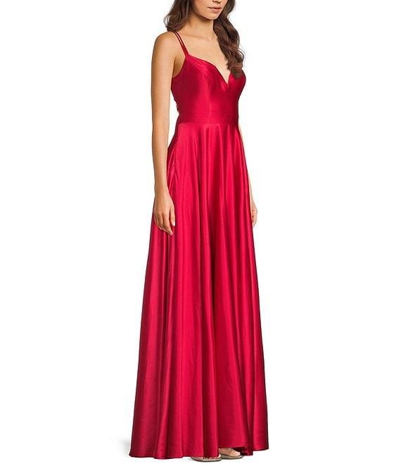 B. Darlin Front Slit Ball Strappy Back Satin Gown Product Image