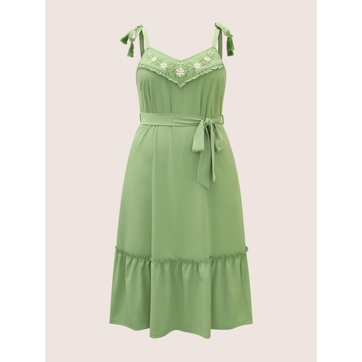 Plus Size Floral Embroidered Tassel Pleated Frill Trim Dress Mint Women Resort Belted Non Sleeveless Curvy Midi Dress BloomChic 12/L Product Image